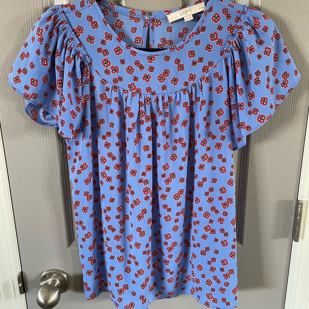 LOFT (petite) Blue Blouse with Red Floral Pattern